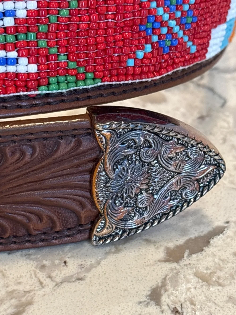Vintage Western Tooled Leather Beaded Belt Red Turquoise SW USA Size 32